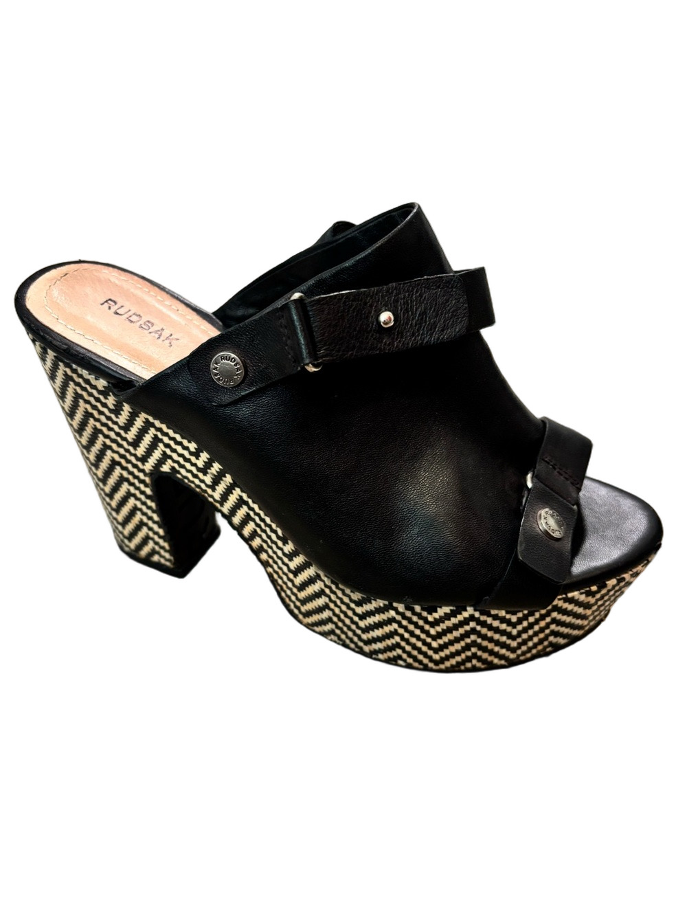 RUDSAK Black Leather Platform Mule with Patterned Heel Size 39
